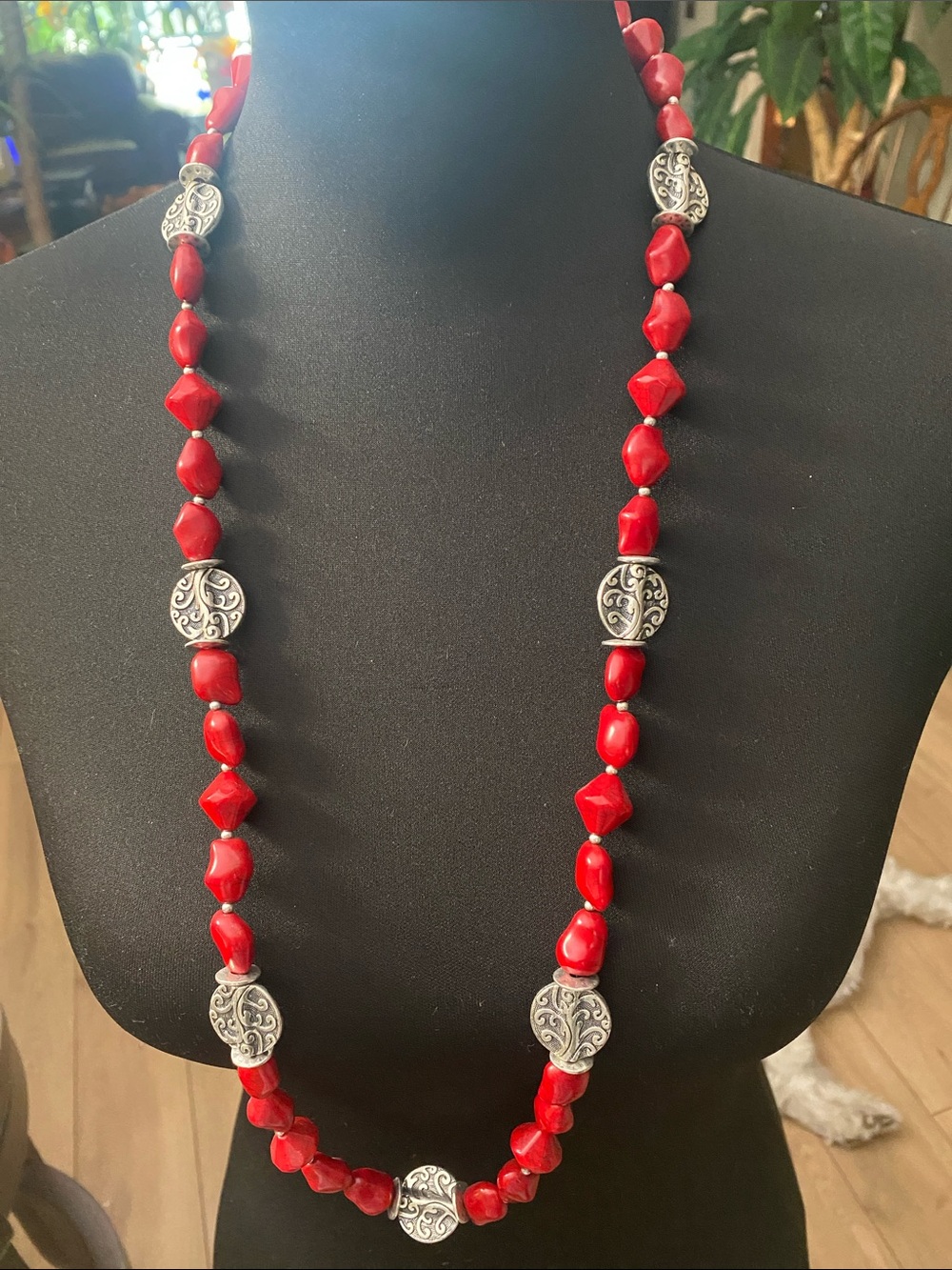 Red Beaded Statement Necklace with Silver Accent Beads